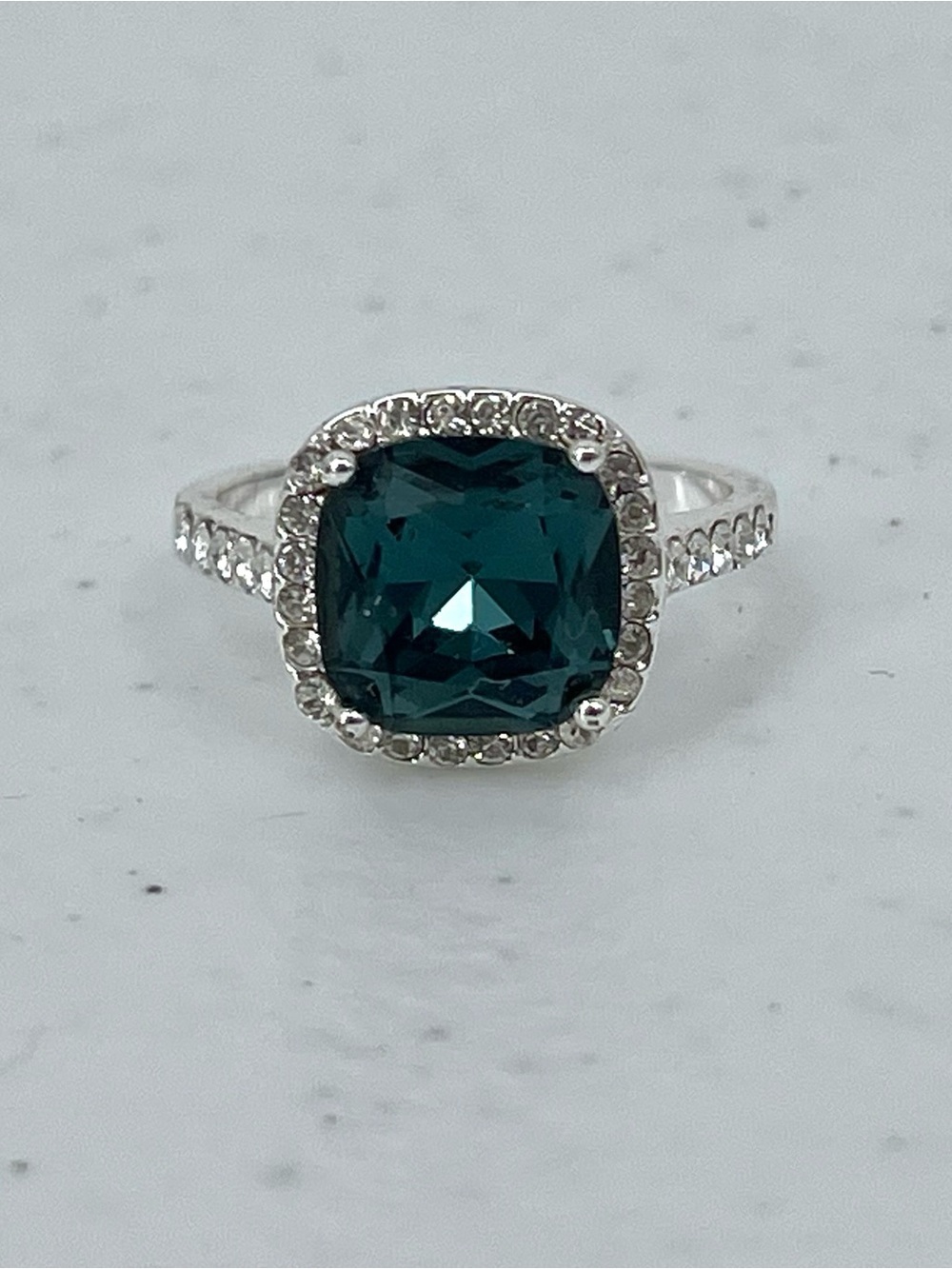 City Luxe Denim Blue Crystal Cushion Halo silver tone Ring